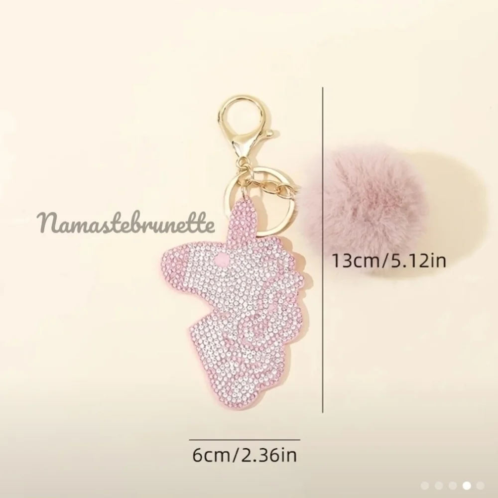 Rhinestone Unicorn Pom Pom Keychain Bag Charm - Picture 9 of 11